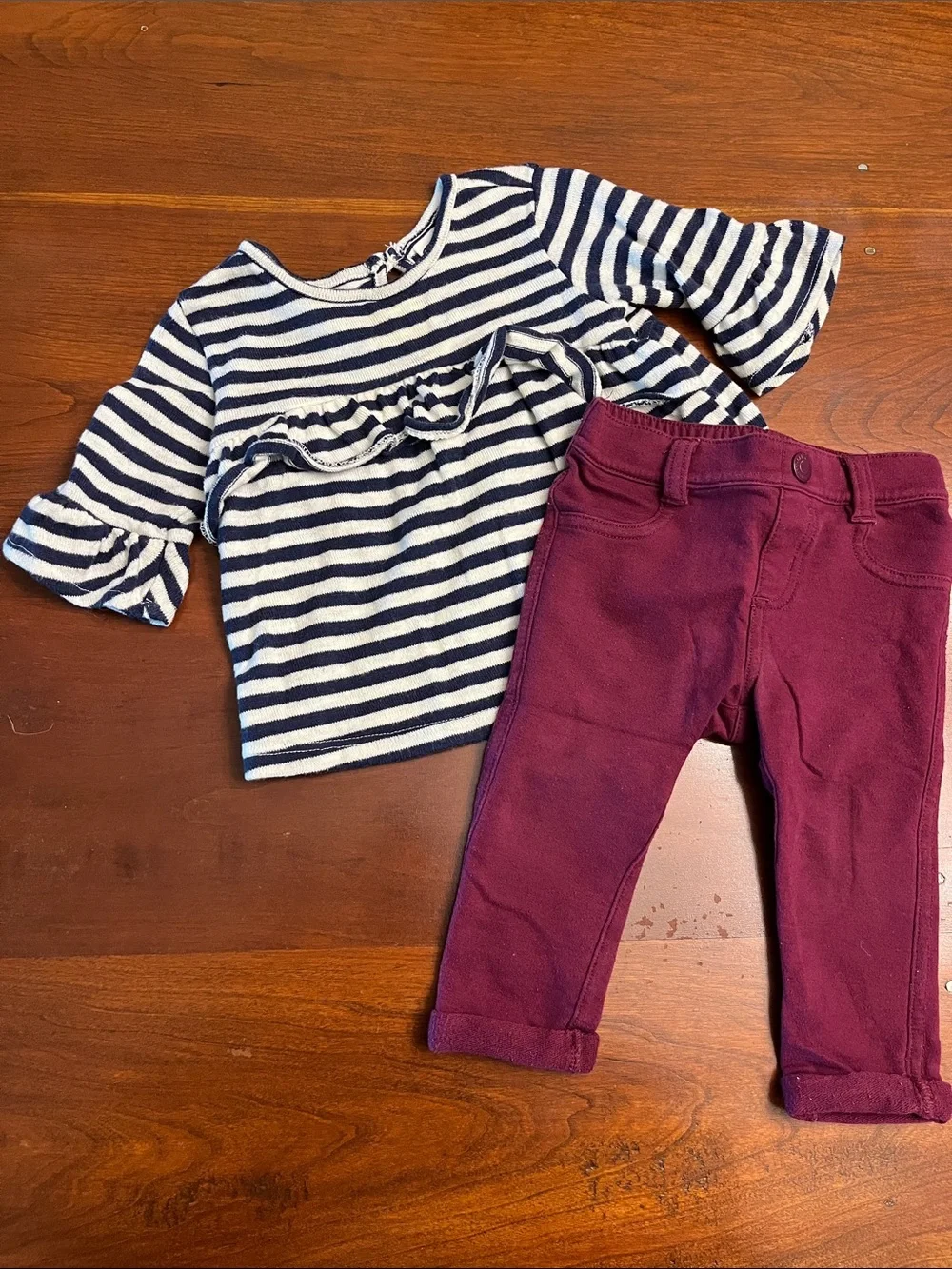 Old Navy Navy & White Striped Ruffle Top with Burgundy Pants Set